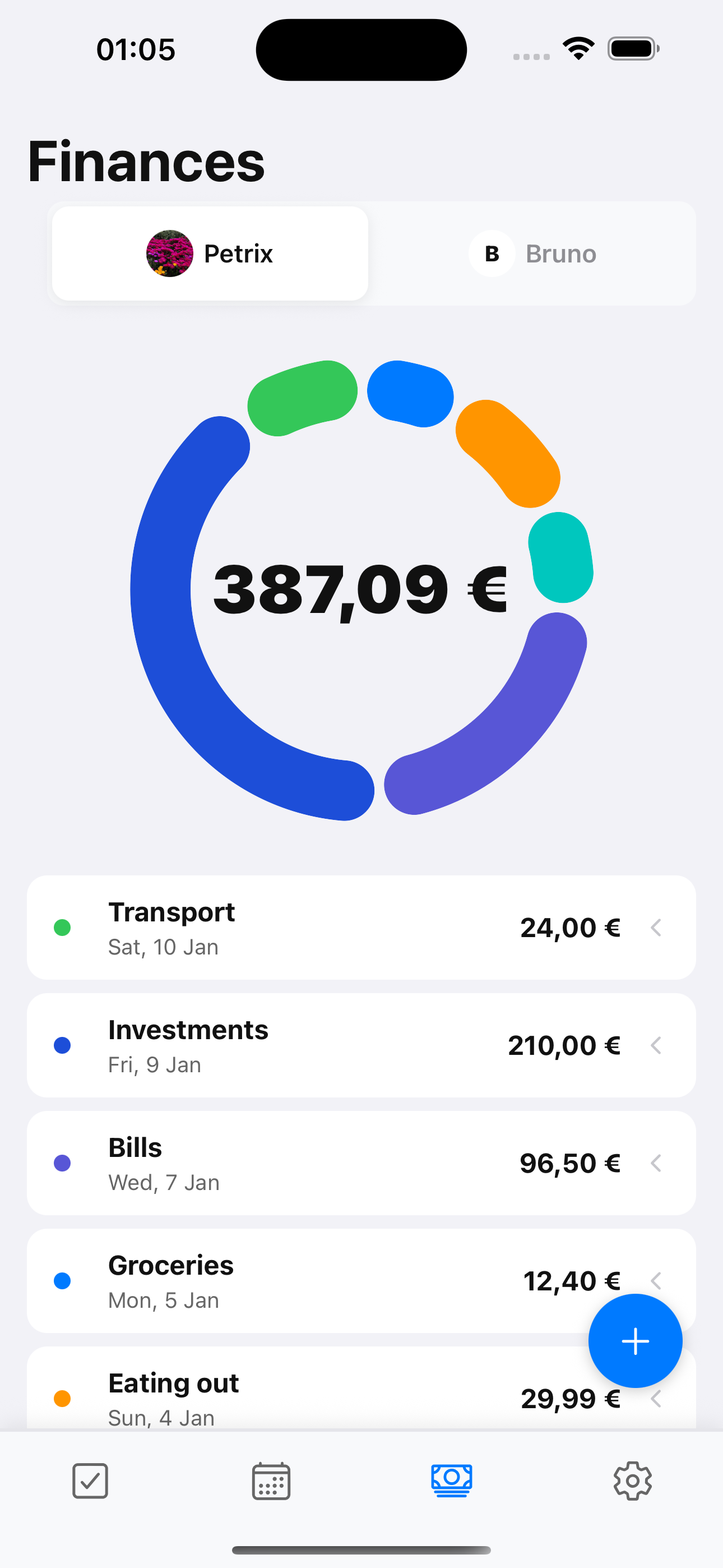 Tandem finance screen showing shared spending categories and expenses