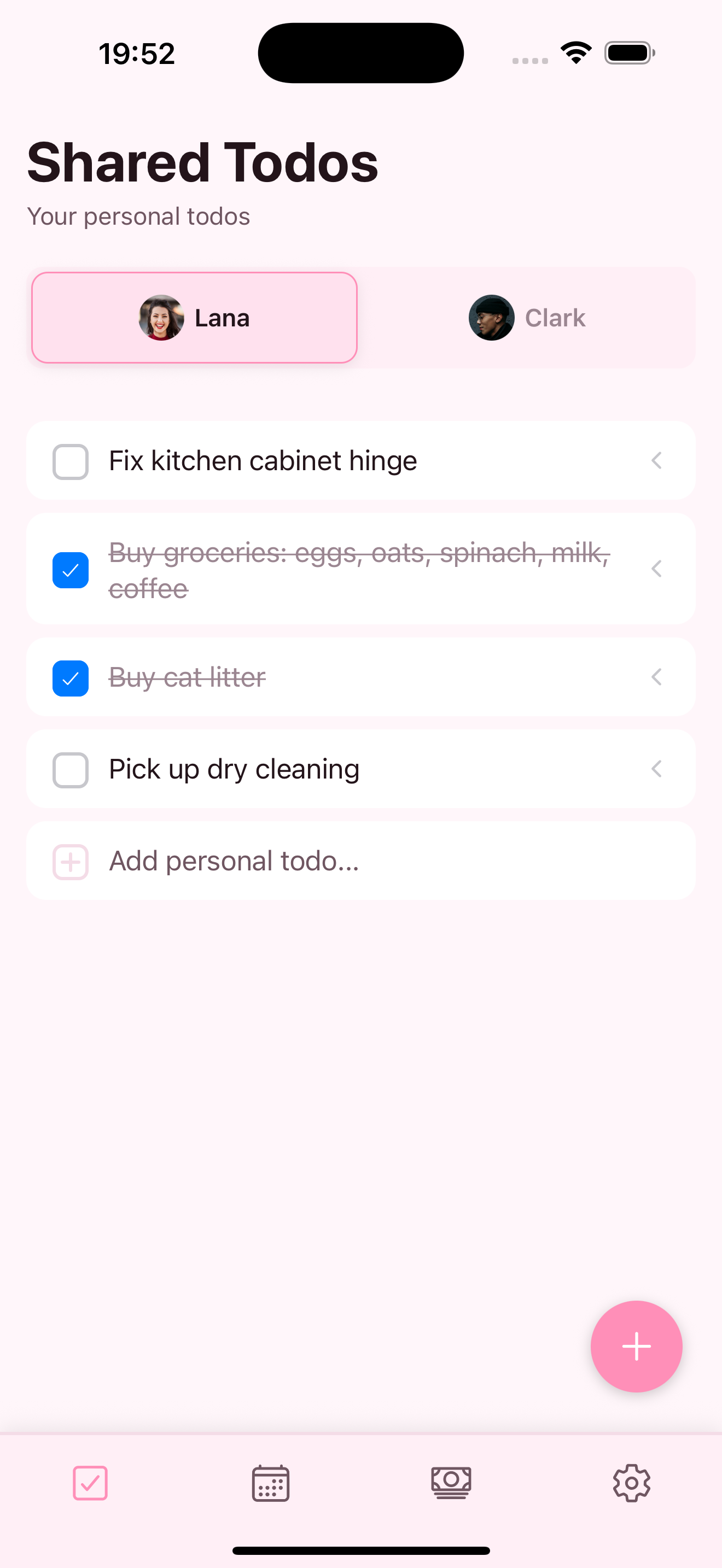 Shared todos screen (pink)