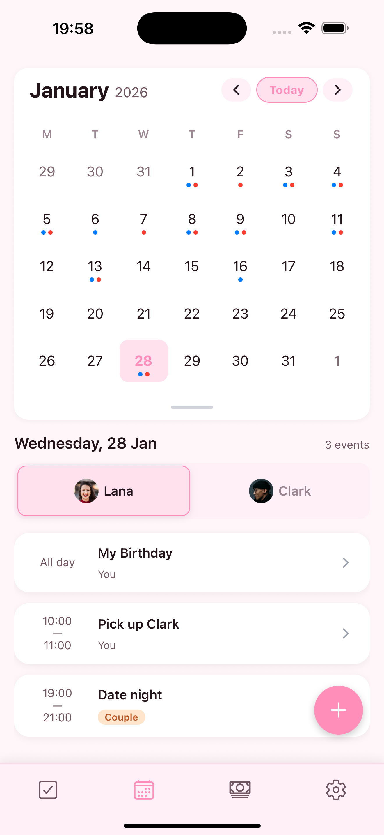 Calendar screen preview (pink)