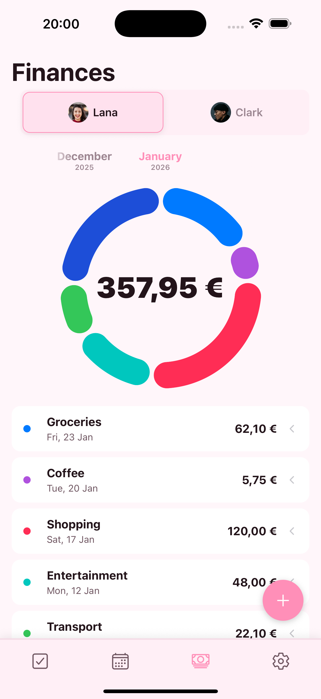 Finances screen (pink)