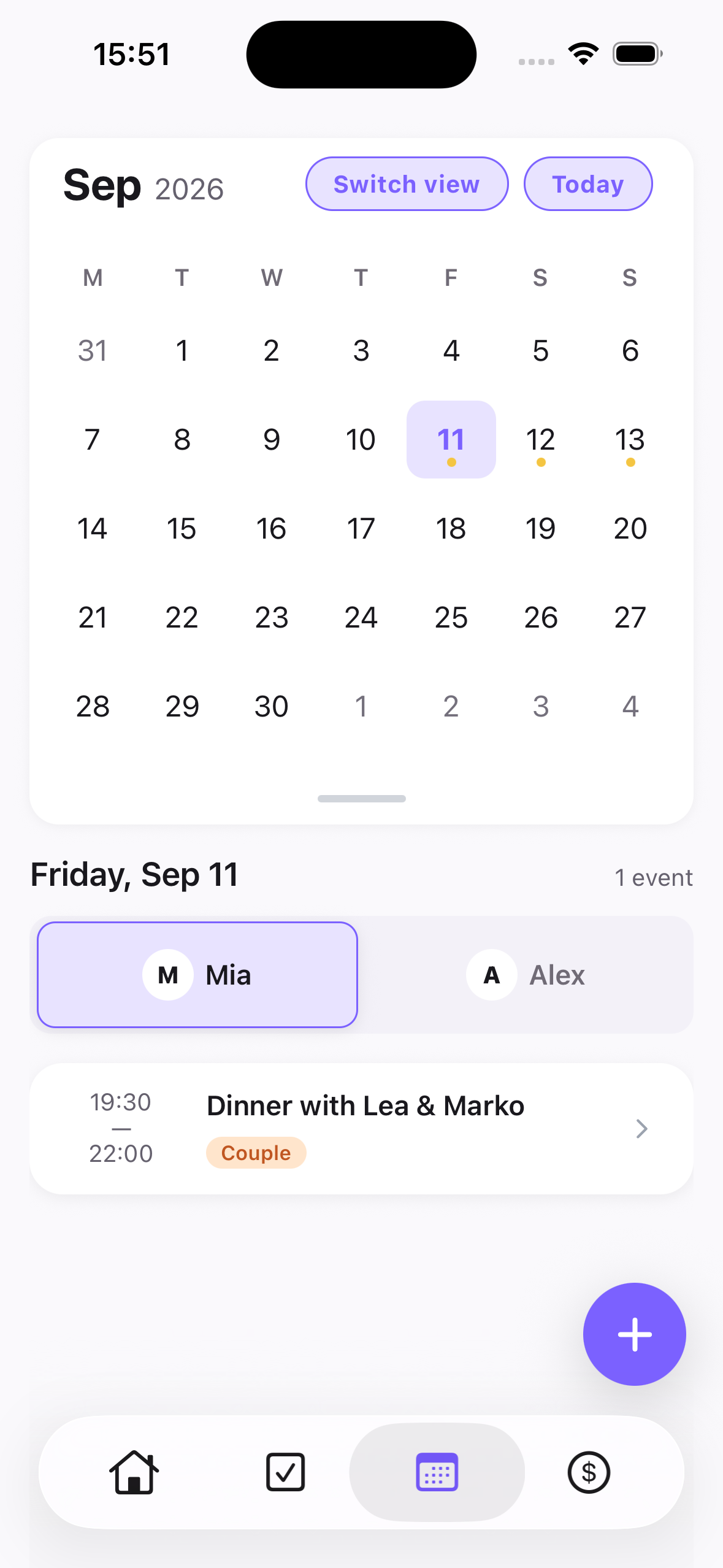 Tandem shared calendar showing Mia and Alex's dinner plan