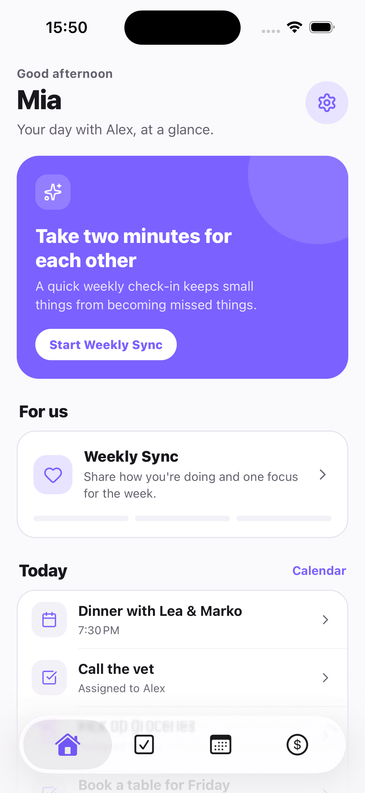 Tandem home screen showing Mia and Alex's shared week, tasks and spending