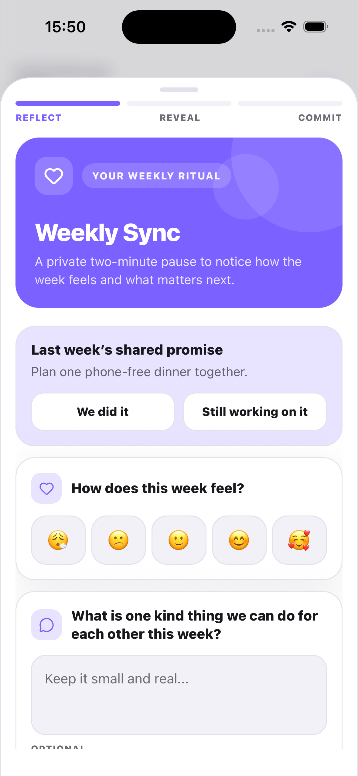 Tandem Weekly Sync with a shared promise, mood and reflection prompts
